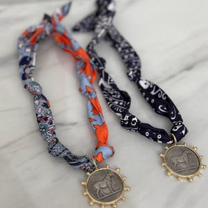 Equestrian Vintage Horse Coin Scarf Necklace | Blue Orange Navy Floral Bandana Necklace