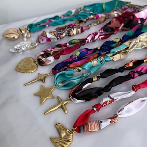 Silver and Gold  Scarf Necklaces| Bandana Charm Necklace | Silk Scarf Necklace Heart Cross Star Bull Horse Charms