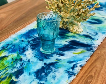 Hand Dyed Linen Table Runner | Confetti Dyed Blue Green Yellow Ocean Blue Palette| Table Linens| Table Setting| Wedding & Party Table Decor