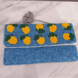 Clutch con cuentas de limón / Bolso con cuentas / Clutch de verano moderno / Bolso de hombro con cuentas / Accesorios de verano estilo Amalfi italiano Bolso azul amarillo