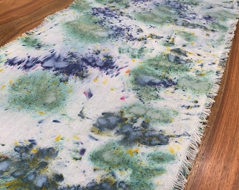 Seaspray Hand Dyed Linen Table Runner | Confetti Dyed Blue Green Yellow Ocean Blue| Table Linens| Table Setting| Wedding & Party Table Decor
