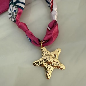 Gold Starfish Charm Scarf Necklace| Bandana Jewelry | Pink Summer Scarf Necklace | Beachy Starfish Charm | Gold Star Necklace