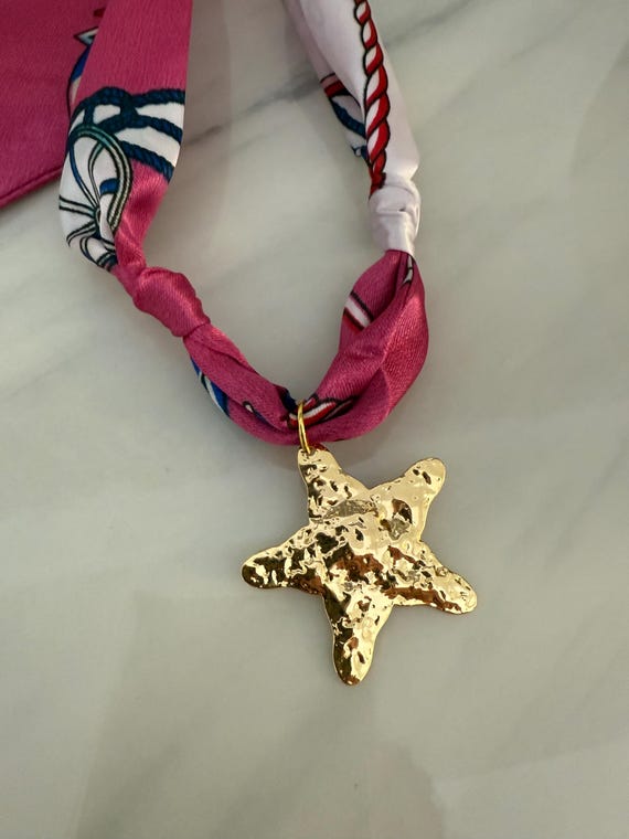 Gold Starfish Charm Scarf Necklace: Pink Summer Bandana 