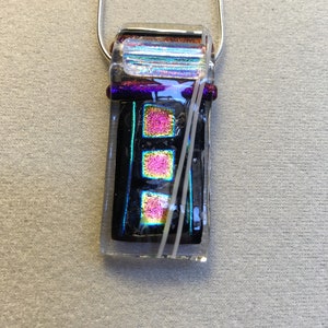 Dichroic pendant, aqua, pink square pattern, multi layered