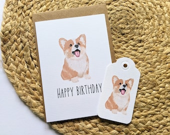 Corgi Birthday Card with Recycled Envelope and Gift Tag - fully handmade - blank inside