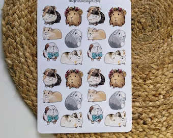 May include: A sheet of 24 stickers featuring adorable guinea pigs in various poses. The guinea pigs are depicted in different colours and patterns, including brown, white, black, and grey. Some guinea pigs are wearing flowers, bow ties, or have a simple design. The stickers are printed on white paper with the text "theprintedtiger.com" at the top.