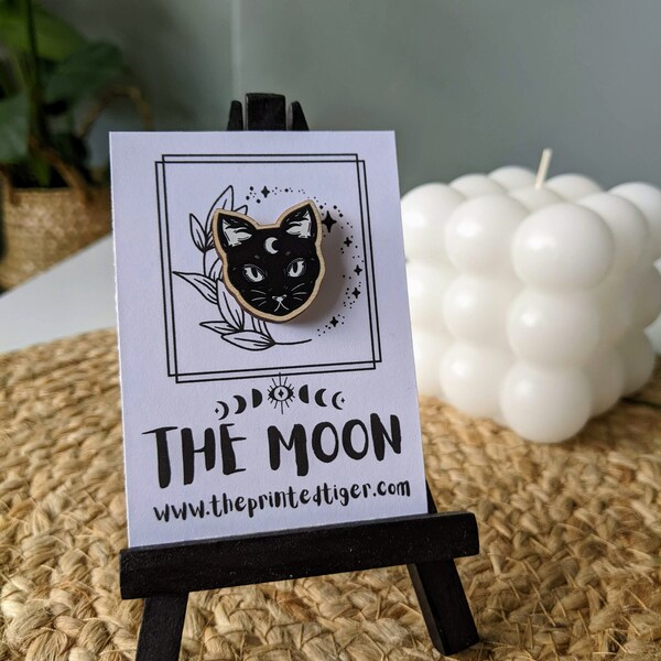 Black Cat Mystic Wooden Pin Badge Brooch