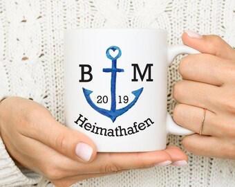 Personalisierte Partner Tasse , Geschenk zum Jahrestag, Kaffeebecher personalisiert,Hochzeitsgeschenk, Hochzeitstag, Ankertasse, Heimathafen