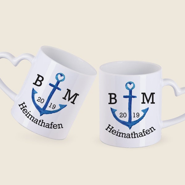 Anker Tasse, personalisierte Herz Tasse, Geschenk zum Jahrestag, Geschenkset Herztassen, Hochzeitsgeschenk, Heimathafen, Ankertasse