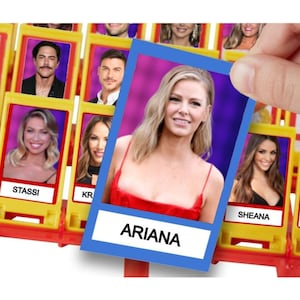 May include: A close-up of a Guess Who? game with a card featuring a woman in a red dress labeled "ARIANA." Other cards show various faces. The game is yellow and red.