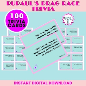 RuPaul's Drag Race Trivia-kaarten - 100 afdrukbare trivia-kaarten voor de ultieme RPDR-fans - Leuke Drag Queen Trivia Party Game & Quiz Night
