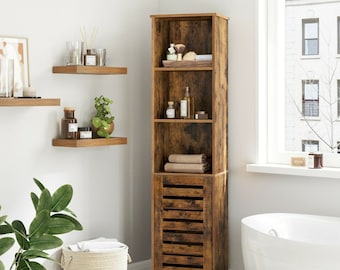 Modern Industrial Floor Cabinet Bathroom Tall Cabinet with 3 Open Compartments 2 Shelves Rustic Brown
