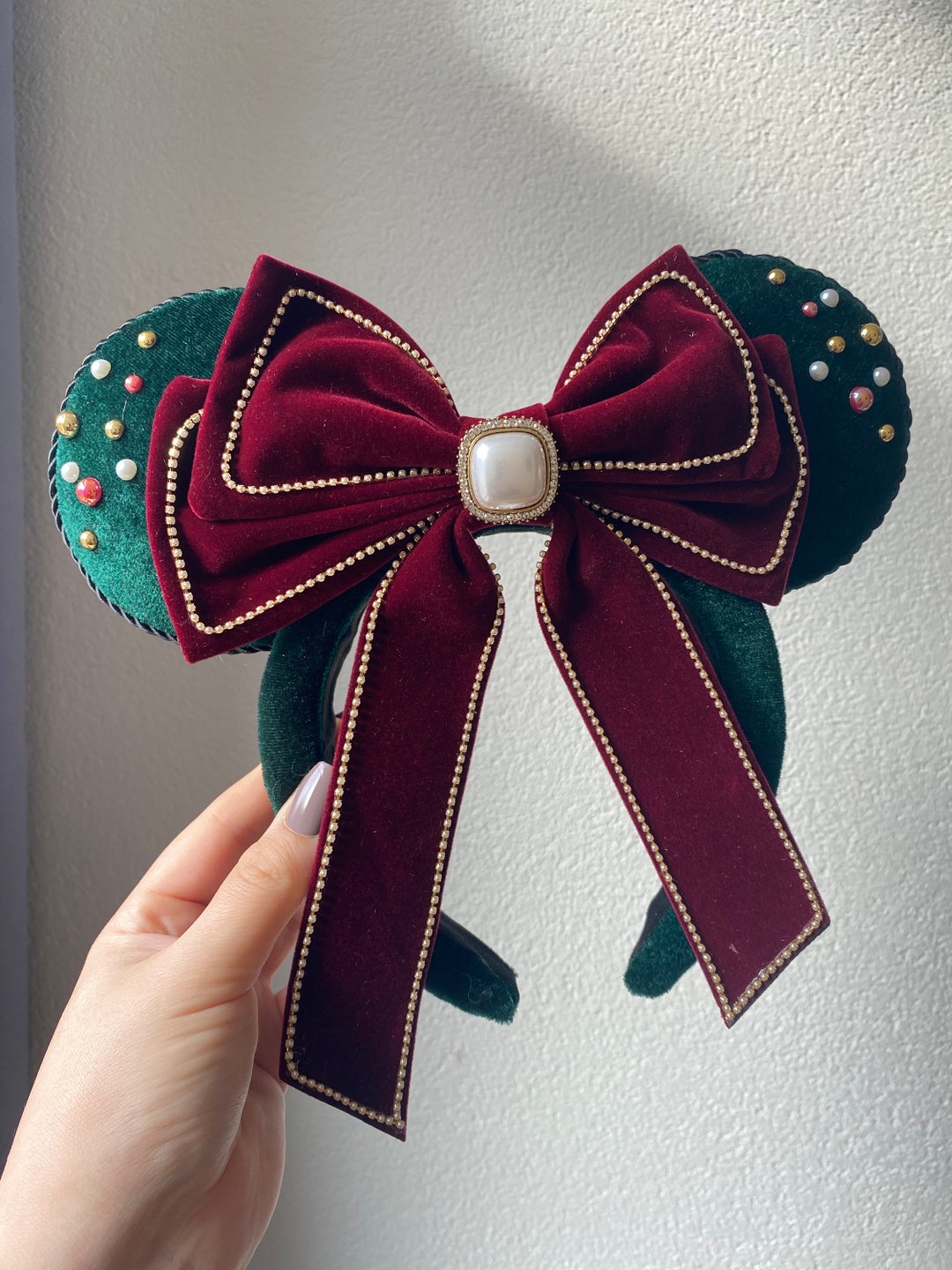 Green Christmas Padded Mouse Ears With Pearls and a Big Red Etsy
