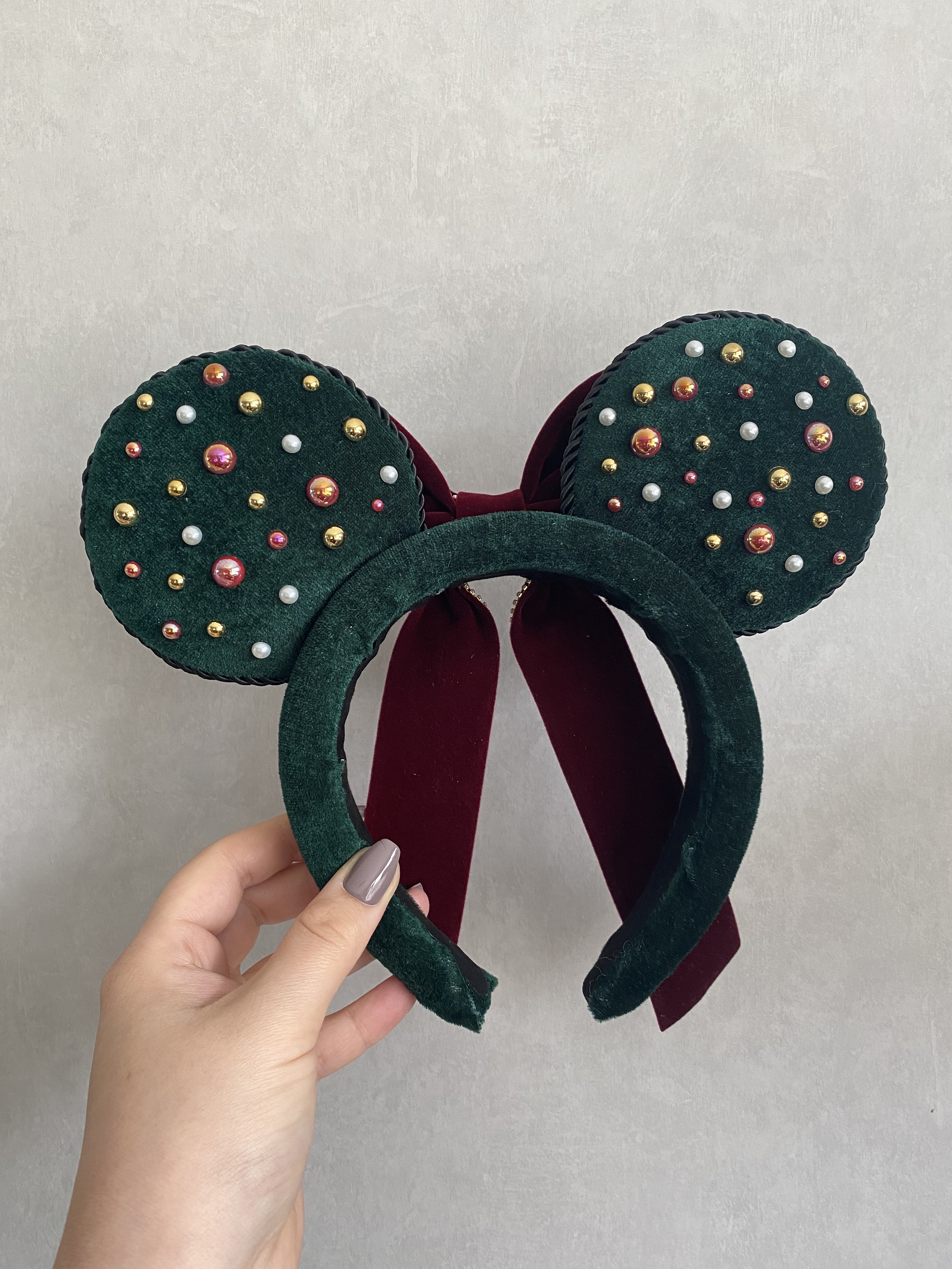 Green Christmas Padded Mouse Ears With Pearls and a Big Red Etsy