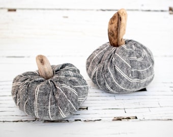 Fabric Pumpkins Set with Driftwood Stem | Set of 2, Handmade, Eco-Friendly, 100% Zero Waste