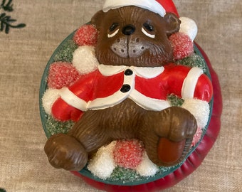Vintage sugared Christmas bear trinket dish