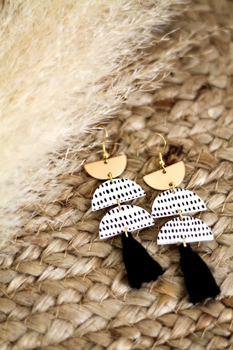 Clay Earrings Statement Earrings half moon with brass Speckled Clay Earrings Clay Earrings with Tassels polymer Clay Earrings