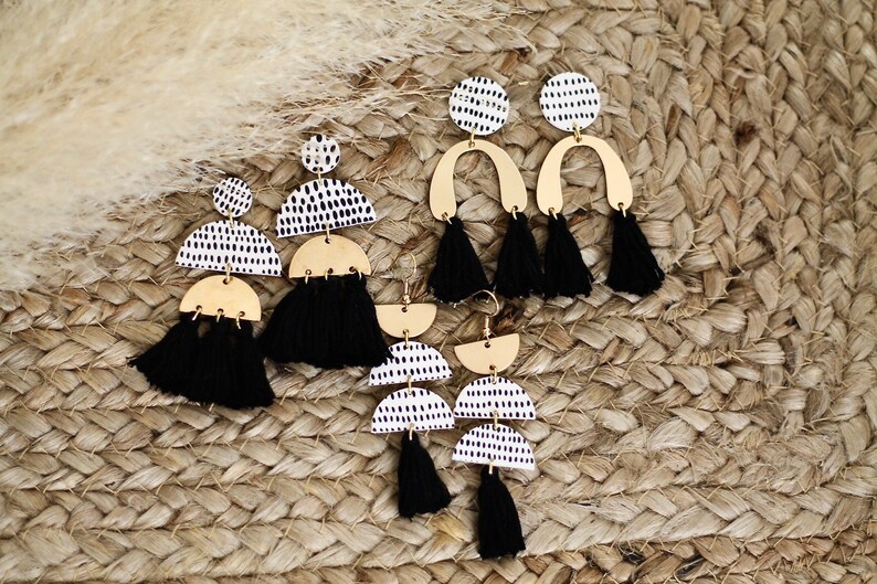 Clay Earrings Statement Earrings half moon with brass Speckled Clay Earrings Clay Earrings with Tassels polymer Clay Earrings
