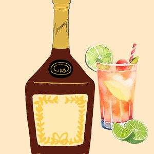 May include: A brown glass bottle of Hennessy cognac with a gold label and a gold cap. The bottle is next to a glass of a pink cocktail with a lime wedge and a cherry on top. The cocktail is garnished with a straw.