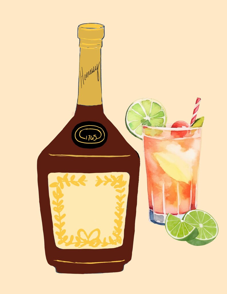 May include: A brown glass bottle of Hennessy cognac with a gold label and a gold cap. The bottle is next to a glass of a pink cocktail with a lime wedge and a cherry on top. The cocktail is garnished with a straw.