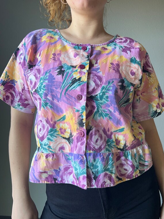 80s Purple Floral Peplum Blouse - image 7