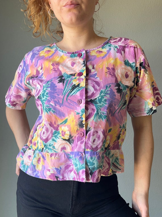 80s Purple Floral Peplum Blouse - image 2