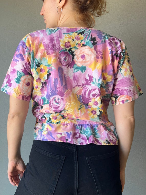 80s Purple Floral Peplum Blouse - image 5