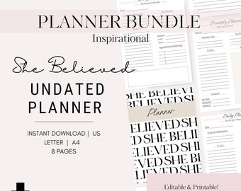 Undated Planner Bundle | She Believed Inspirational | Self-Care Planner and Journaling | Minimalist | 8 Page Daily Weekly Monthly Planners