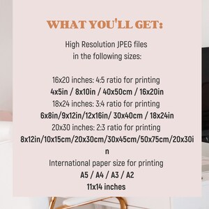 May include: A digital art print details page with text in a soft brown font on a pink background. The text lists the sizes available for printing, including 16x20 inches, 18x24 inches, and 20x30 inches, as well as international paper sizes.