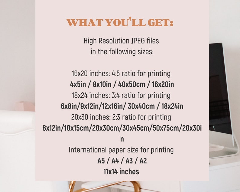 May include: A digital art print details page with text in a soft brown font on a pink background. The text lists the sizes available for printing, including 16x20 inches, 18x24 inches, and 20x30 inches, as well as international paper sizes.