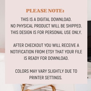May include: A digital download notice with text in black and brown. The text states that it is a digital download, no physical product will be shipped, and the design is for personal use only. It also mentions a notification from Etsy.