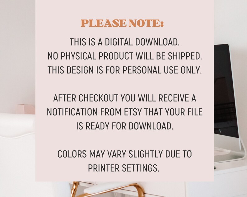 May include: A digital download notice with text in black and brown. The text states that it is a digital download, no physical product will be shipped, and the design is for personal use only. It also mentions a notification from Etsy.