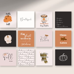 May include: A collection of square art prints with fall-themed illustrations and text. Designs include pumpkins, coffee, cinnamon, and phrases like "Hello Fall," "Grateful," and "Sweater Weather Vibes."