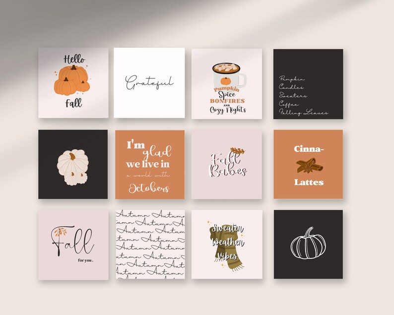 May include: A collection of square art prints with fall-themed illustrations and text. Designs include pumpkins, coffee, cinnamon, and phrases like "Hello Fall," "Grateful," and "Sweater Weather Vibes."