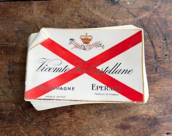 Vintage Vicomte de Castellane Champagne Ceramic Ashtray Catch-All Dish — Épernay Label Shape Gold Rim Créations Tess Villenaume France