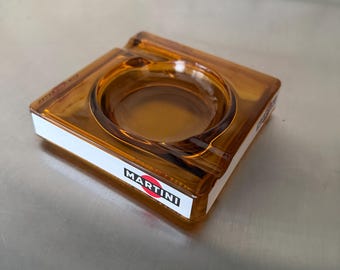 Vintage Martini Ashtray Amber Glass - French Bistro Barware - Mid Century Modern Decor - Square Tobacco Collectible - Made in France - Tobac