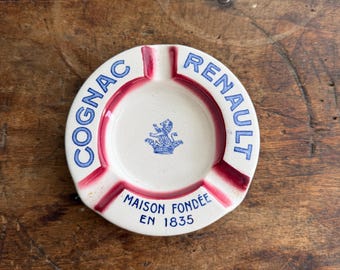 Vintage Cognac Renault Ceramic Ashtray Catch-All Dish — Maison Fondée 1835 Lion Crest Sarreguemines F. Lemoine Paris French Advertising