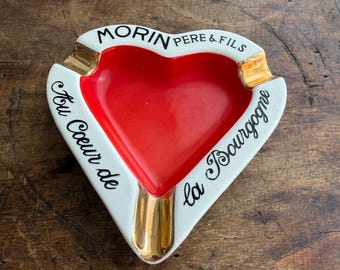 Vintage Heart Shaped Ceramic Ashtray Catch-All Dish — Morin Père & Fils Au Cœur de la Bourgogne French Wine Advertising Gold Accents