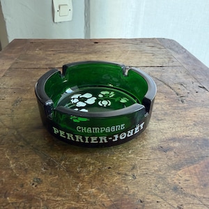 Vintage Perrier Jouet Champagne Ashtray, Emerald Green Glass, Floral Anemone Design, French Bar Decor, Champagne Collectible