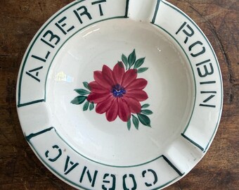 Vintage Albert Robin Cognac French Ceramic Ashtray Catch-All Dish — Hand-Painted Floral Center French Bistro Advertising Collectible