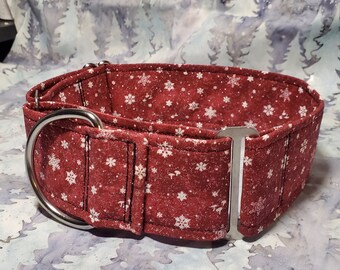 04 Christmas Winter Snow 2 inch wide adjustable martingale dog collar Metallic Glitter Burgundy Red Background White Silver Custom Handmade