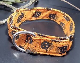 09 Custom Handmade 1.5 inch wide adjustable martingale dog collar (fits 10-15 inch neck) Orange and Black Cotton Fabric Mystical Cat Design