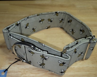 35. Bees on Grey 2in wide Adjustable Martingale Dog Collar Cotton Fabric Handmade Stainless Steel Hardware Bee Bumble Bee Nylon