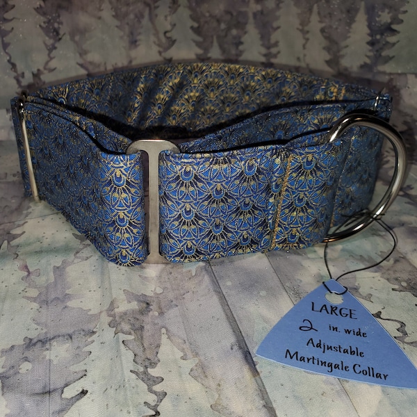 30 Fancy 2 inch wide Adjustable Martingale Dog Collar Metallic Gold and Blues Egyptian Asian Cotton Fabric Handmade Collar Stainless Steel