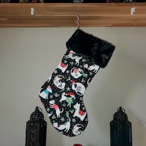 Handmade Cotton Christmas Dogs Stocking with Glossy Faux Black Minky Fleece Rabbit Alpaca Fur Cuff Dog Stocking Pet Stocking