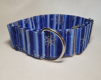 11 Glittery Silver Snowflakes on Sparkly Blue Striped Fabric 2 inch wide Adjustable Martingale Dog Collar Handmade Stainless Steel