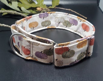 01 Custom Handmade 2 inch wide adjustable martingale dog collar (fits 15 to 20 inch neck) Water Color Pumpkins Metallic Gold Accents Autumn