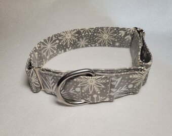 12 Snowflake Metallic Silver on Grey Snowflake 1.5 in. wide NYLON Adjustable Martingale Dog Collar Handmade Stainless Steel Christmas Winter