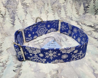 26 Metallic Silver on Blue Snowflake 1.5 inch wide Adjustable Martingale Dog Collar Cotton Fabric Handmade Collar Stainless Steel