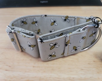 36. Bees on Grey 2in wide Adjustable Martingale Dog Collar Cotton Fabric Handmade Stainless Steel Hardware Bee Bumble Bee Nylon